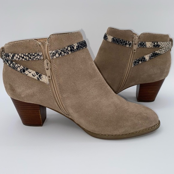 Vionic Upton Tan Suede Zip Ankle Boots Sz 8.5 Snakeskin Buckle Strap 3” Heel - Picture 6 of 11